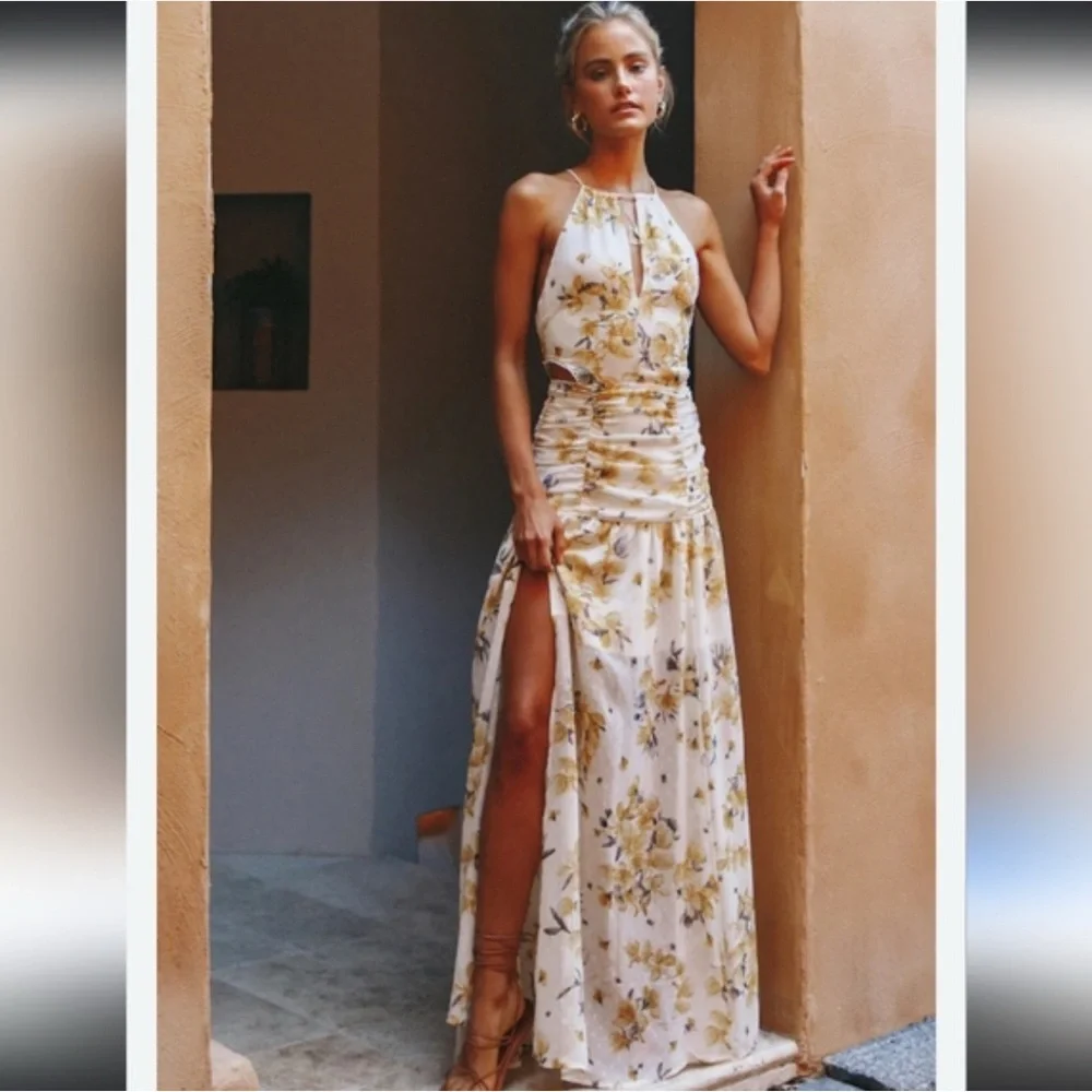 NWT HELLO MOLLY Yellow and White Halter Slit Maxi Dress, NWT, Size Small - Picture 2 of 4